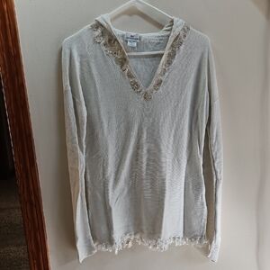 Vineyard Vines Cream Hooded V-Neck Sweater with Beaded Trim